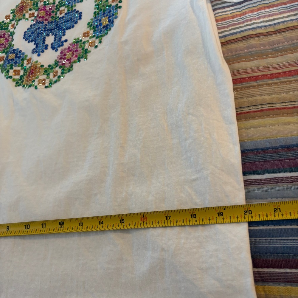 Vintage Hanes Beefy-T White Long Sleeve Sequin Heart Floral Shirt Large L - Picture 7 of 8
